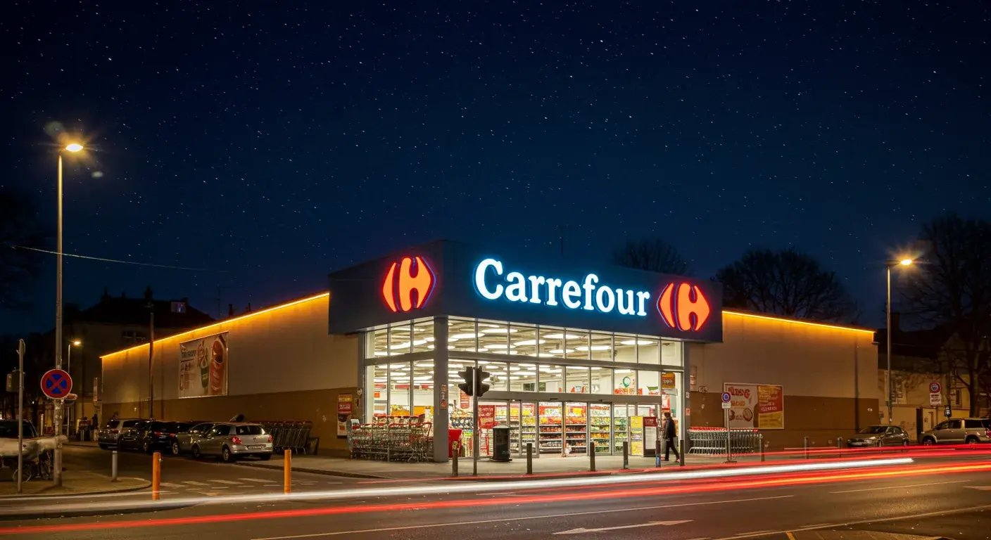 An image of carrefour superstore, taken at night