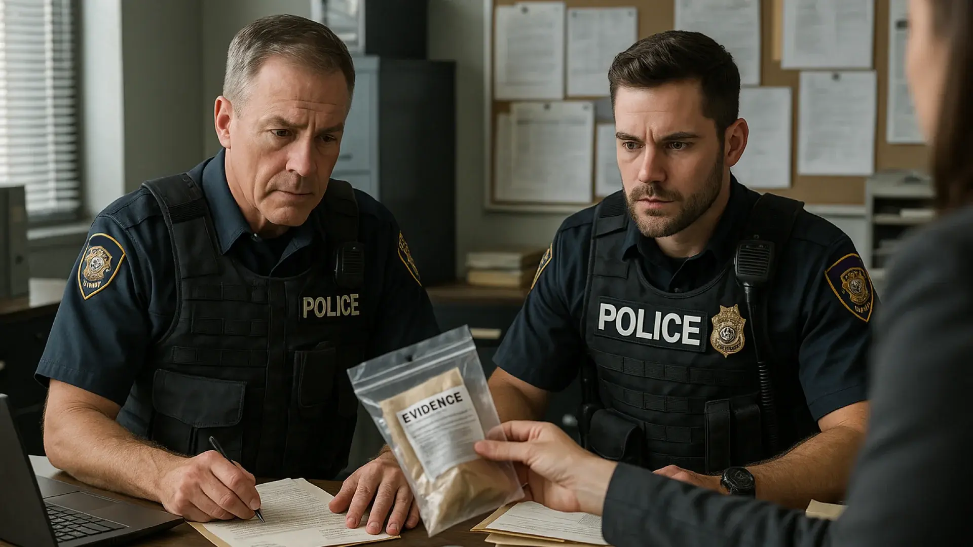 Two police officers reviewing digital evidence footage as part of an investigation.