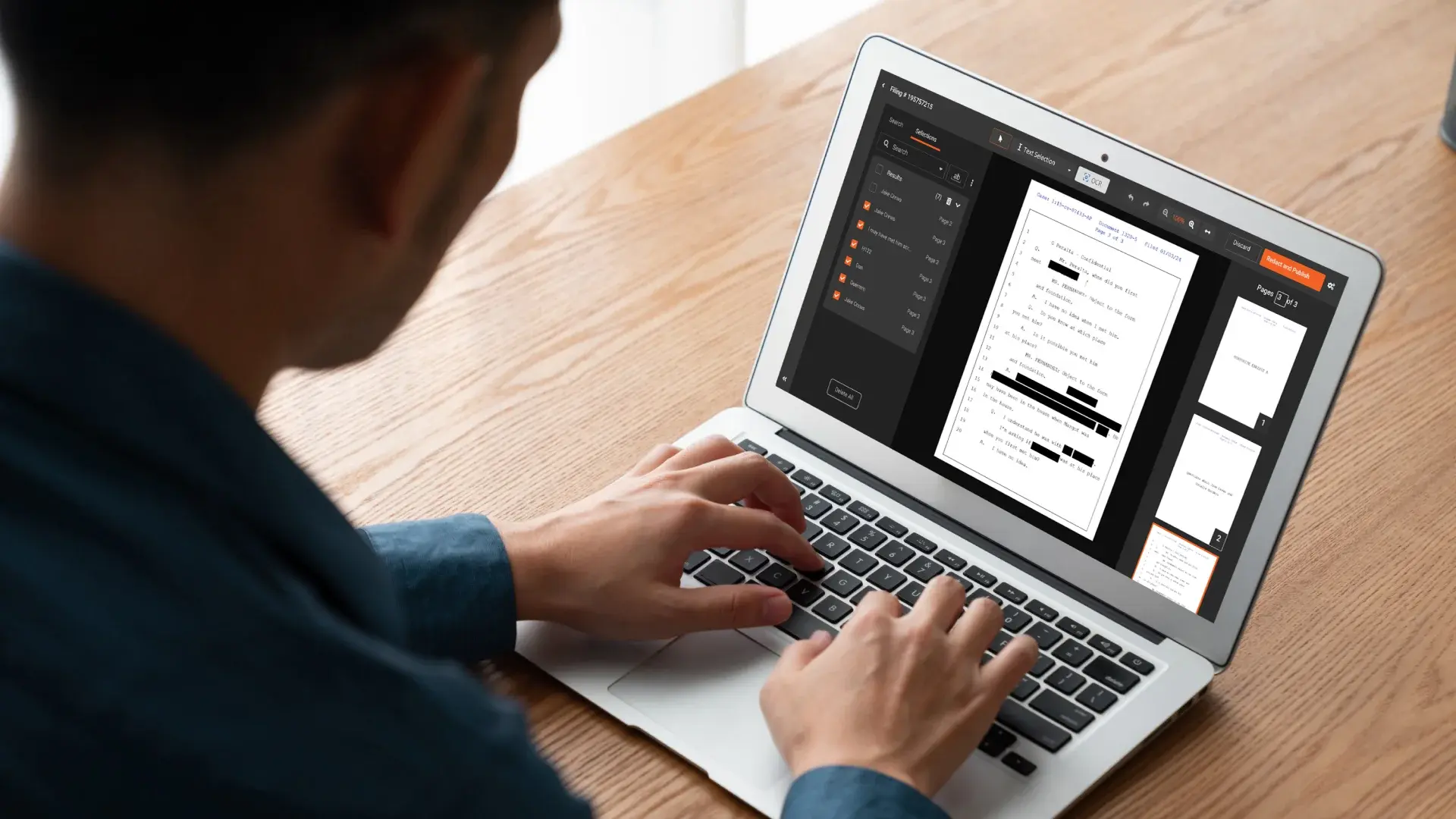 A compliance professional using PII redaction software to redact sensitive data in video and documents.
