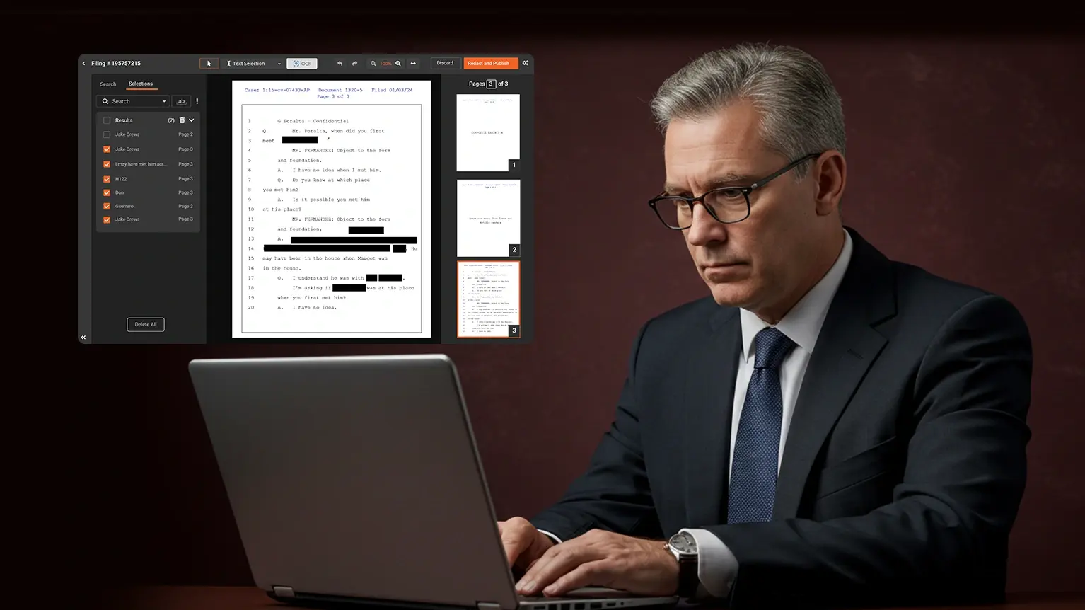 An analyst reviewing PII from a document through a redaction software. 
