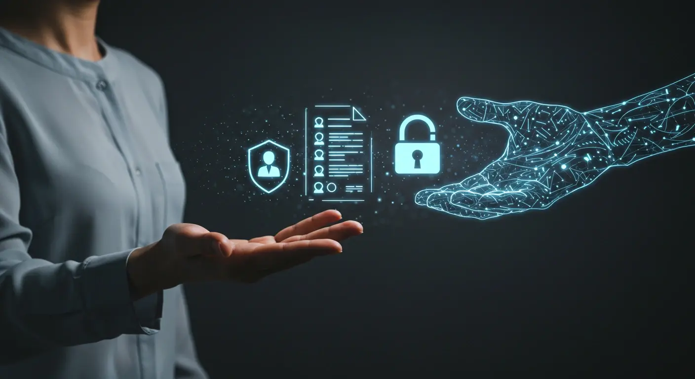 A digital hand taking survey information from a human hand and securing it.