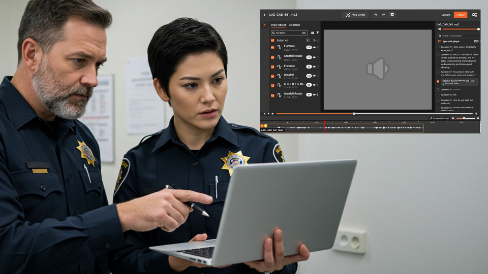 Two police officers reviewing digital evidence on a laptop during an investigation.