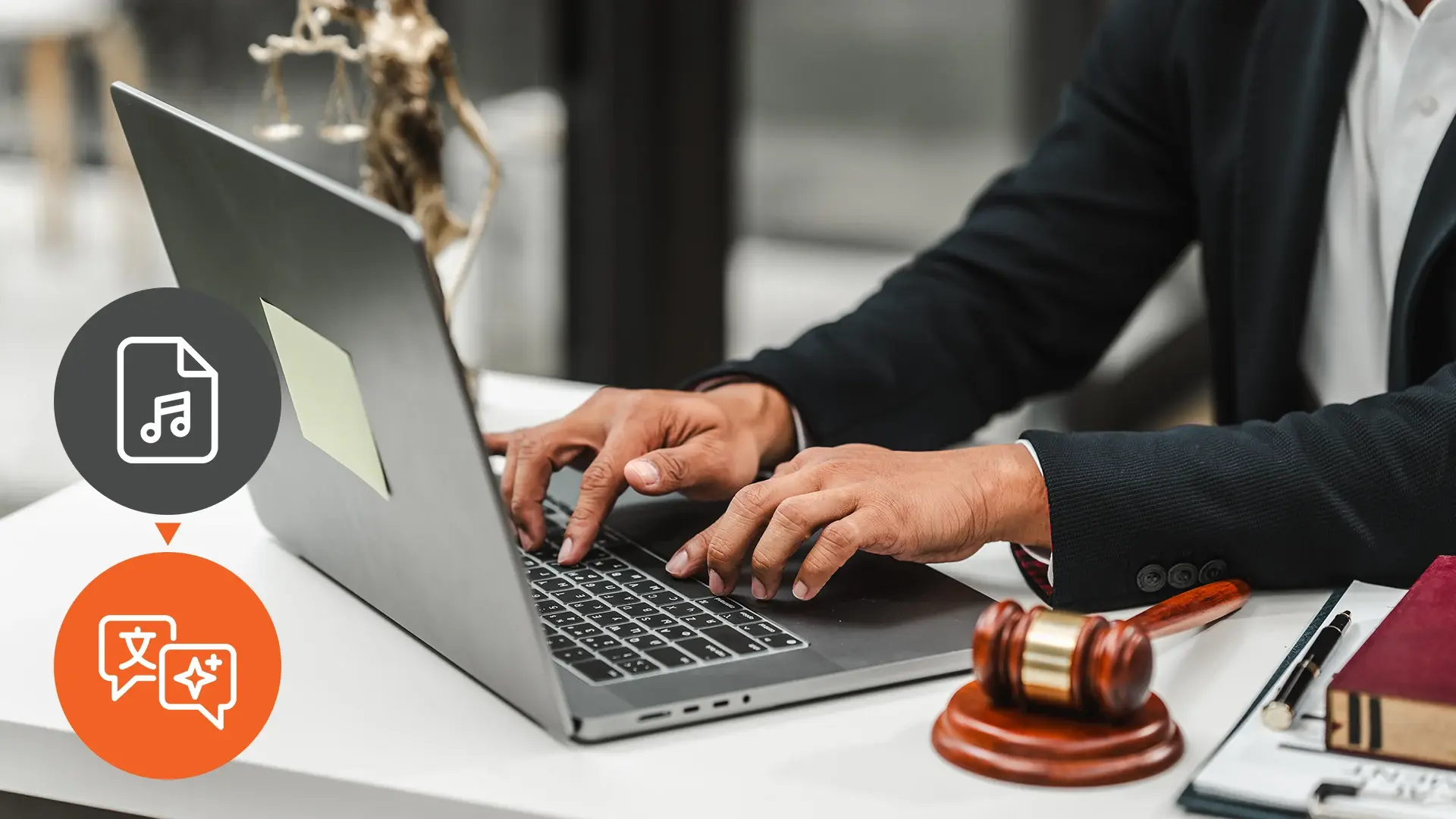 A person typing on a laptop beside a gavel, with audio and translation icons