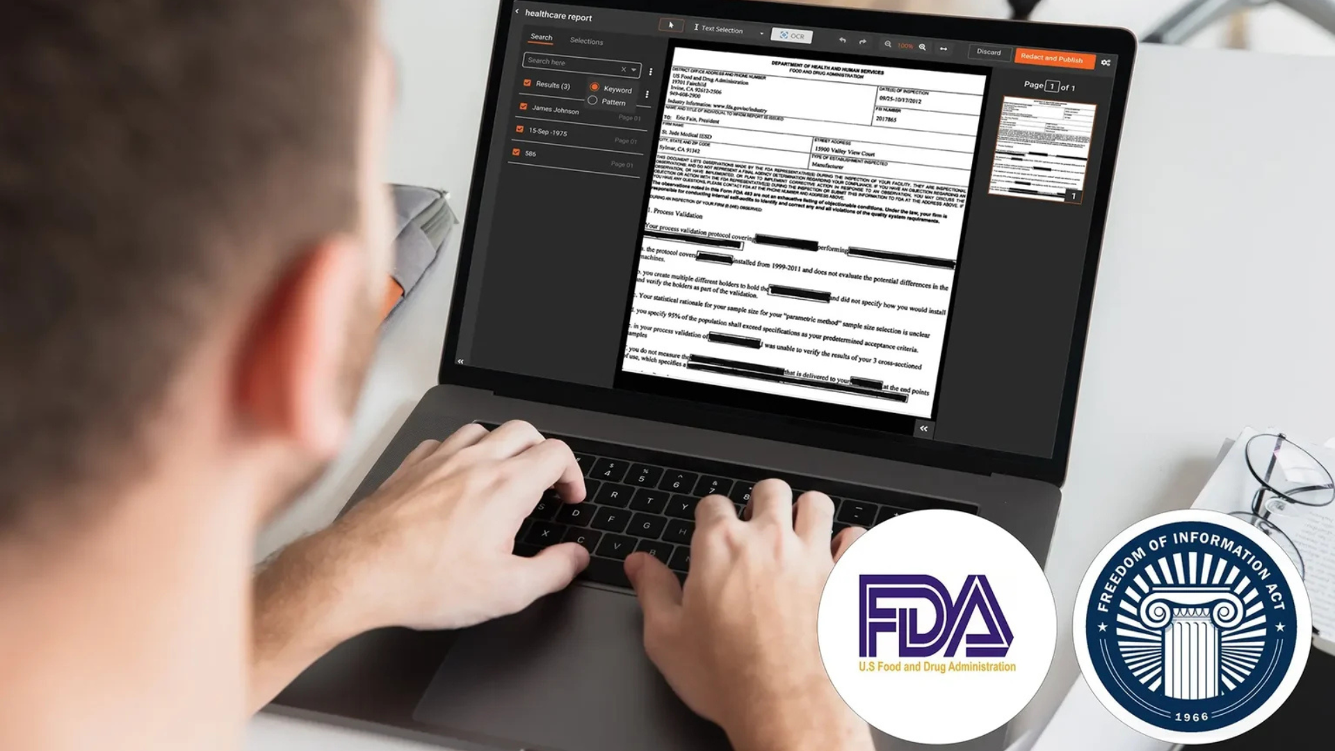 A person using a laptop to redact an FDA FOIA report with automated FOIA redaction sofware.