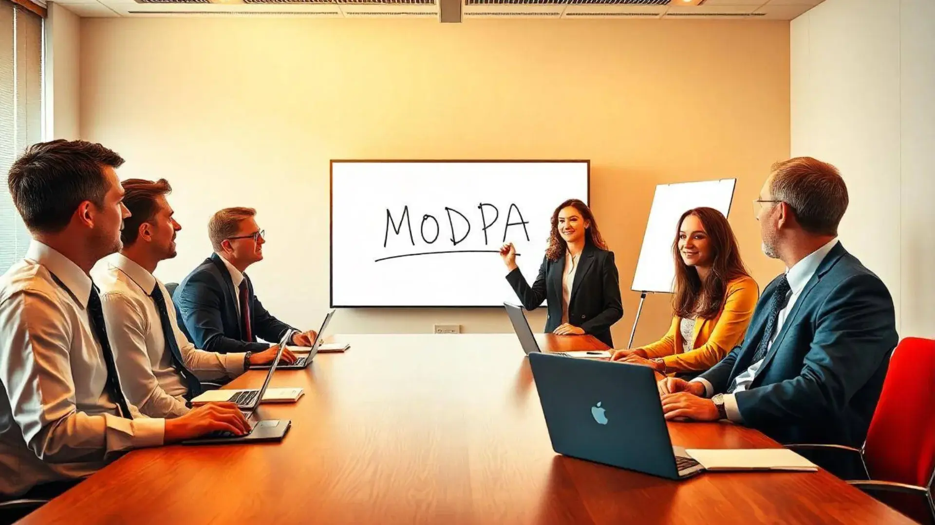 Group of professionals in a meeting discussing MODPA compliance, with a woman presenting on a screen in a business conference room.