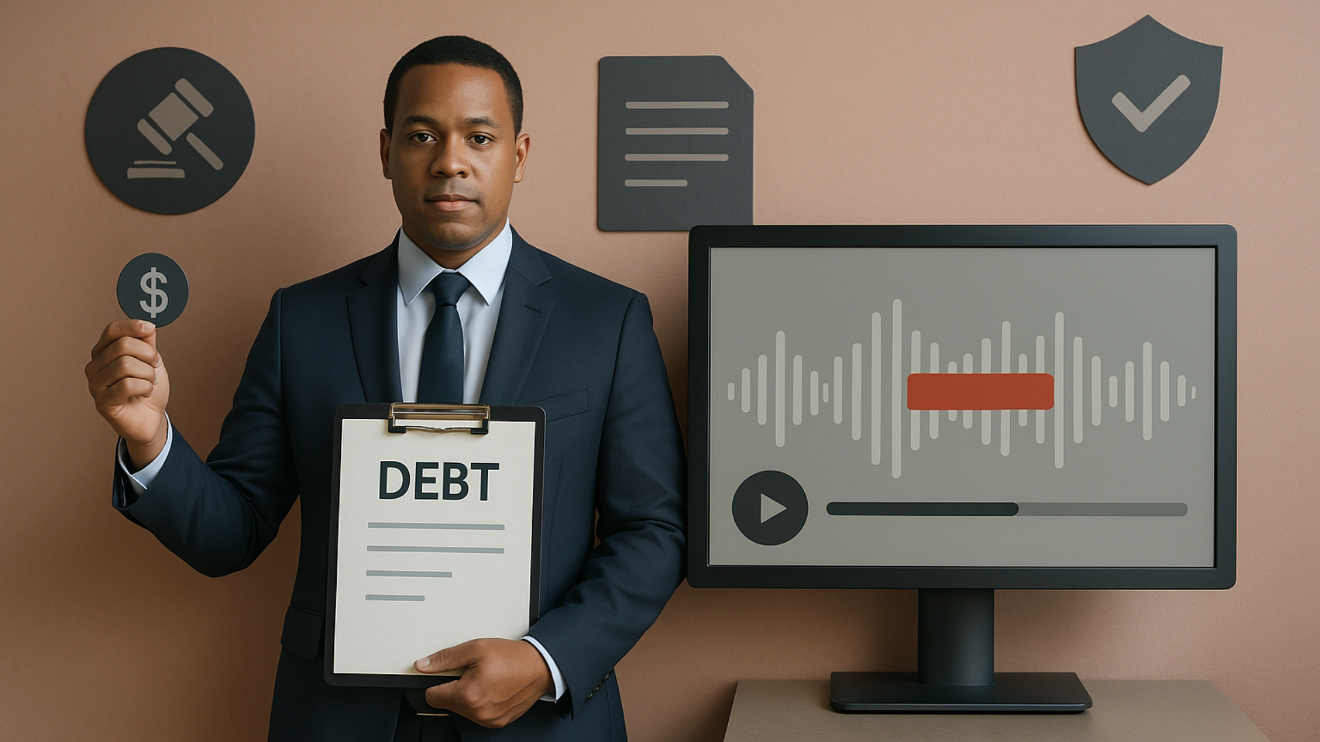 Image showing a debt collection agency individual and a audio recording on screen showing audio redaction software