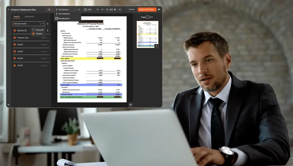 A professional individual using a document redaction tool on his laptop to perform document redaction