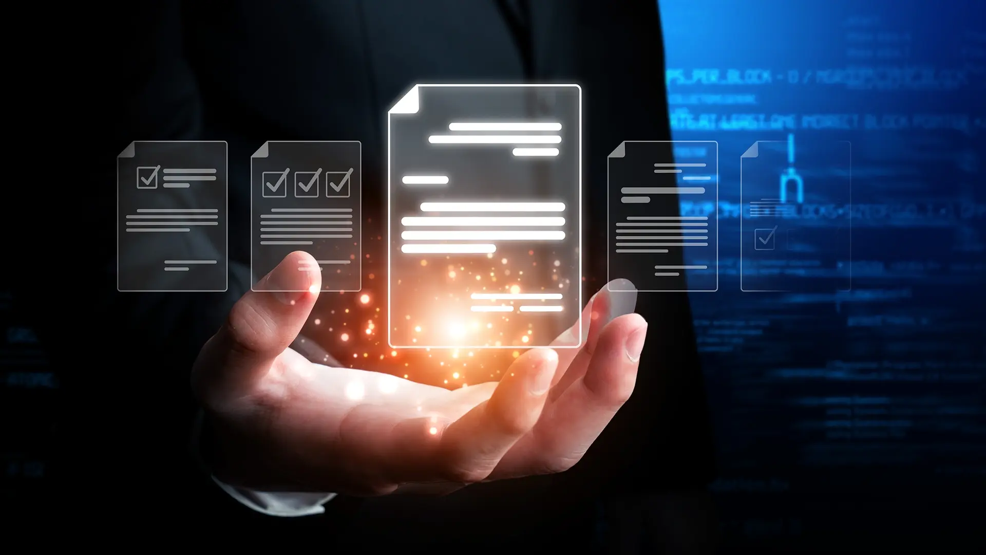 Digital documents rising from an open hand, suggesting data hidden inside files