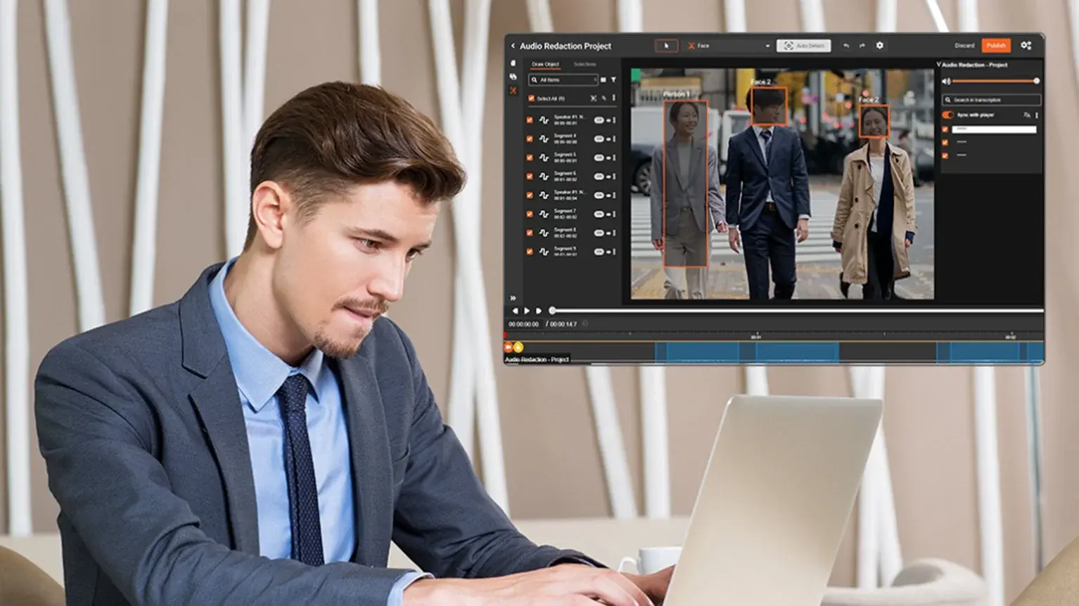 A professional using AI-powered audio and video redaction software with facial recognition and transcript-based redaction