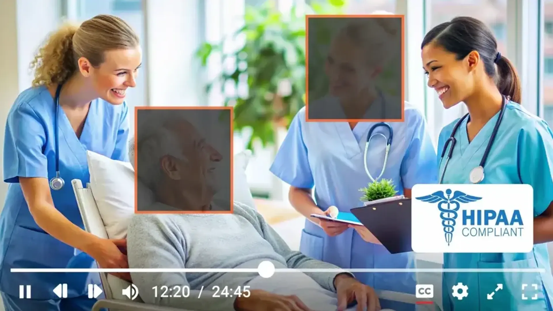 Video redaction in a video as the faces of a nurse and the patient are redacted.