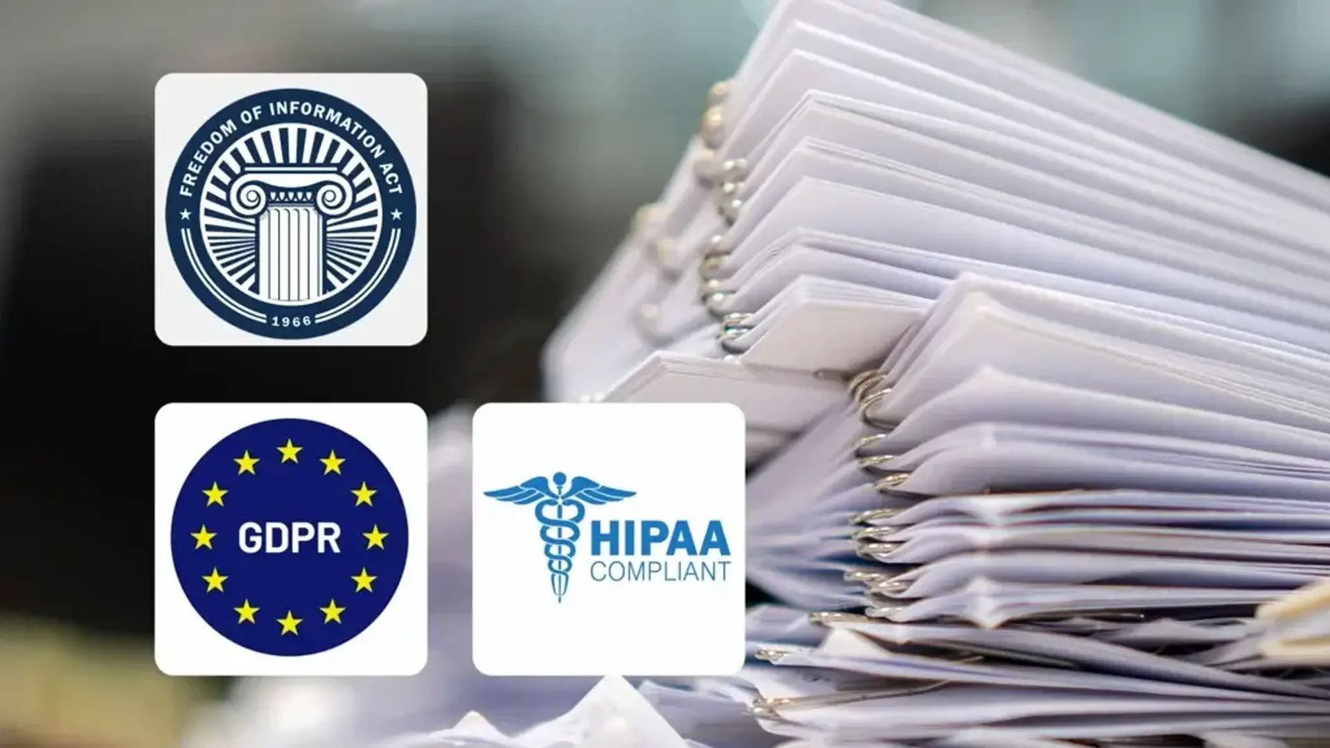 An image showing a stack of documents next to icons of important transparency and privacy compliances.