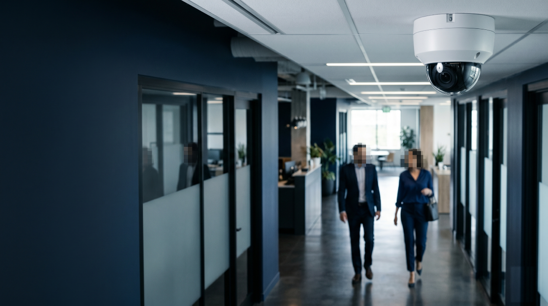 two persons walking through a corridor