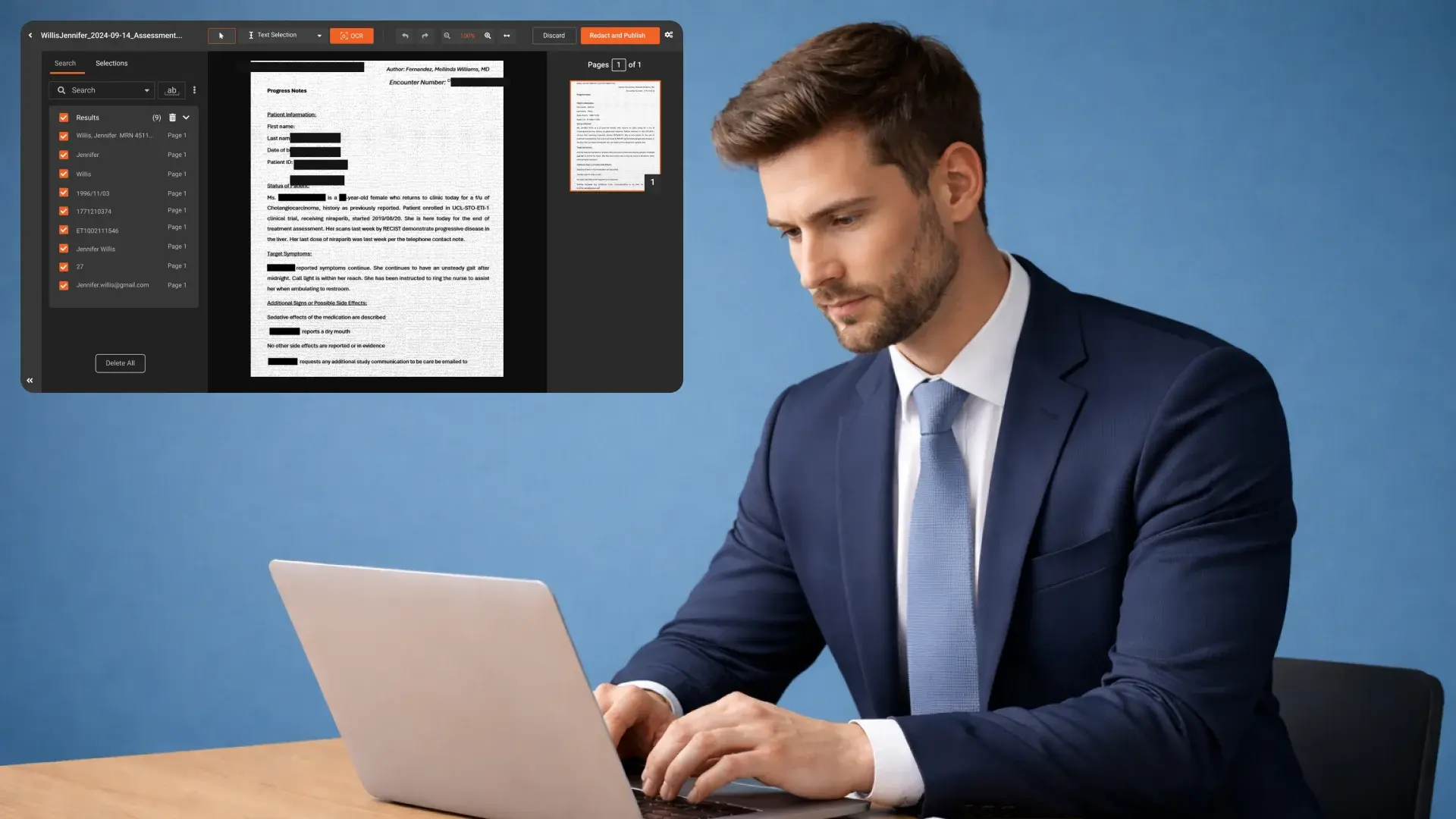 A professional at a laptop with a redacted message open on screen