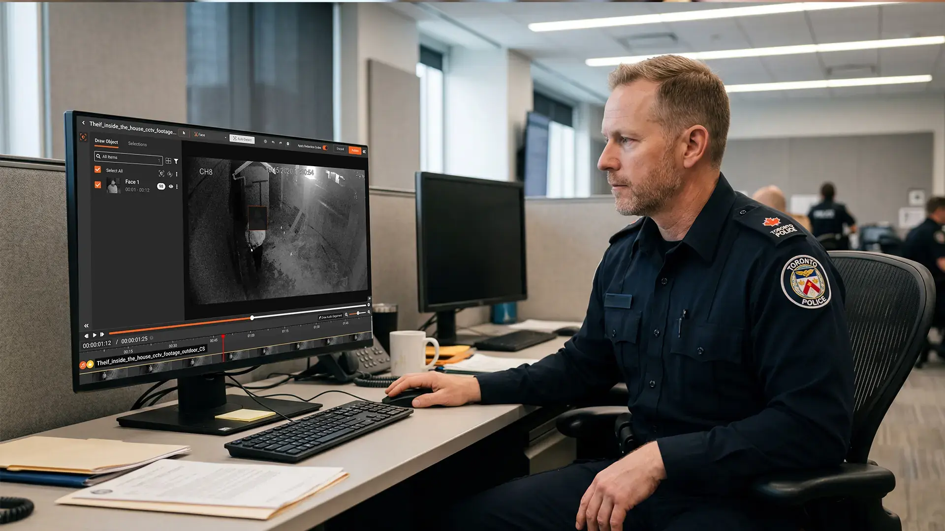 a police officer using redactor to redactor footages
