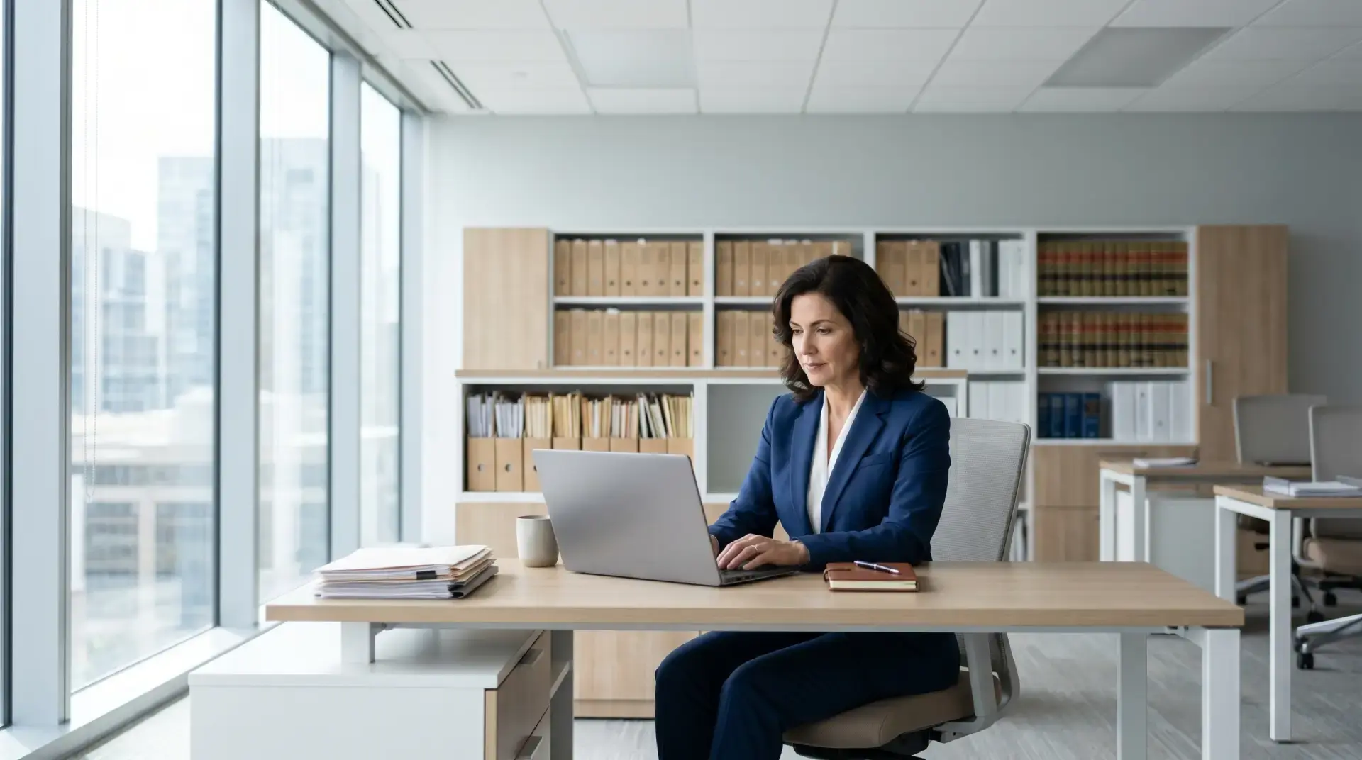 A professional woman in a suit working on a laptop at a bright, modern office desk.
