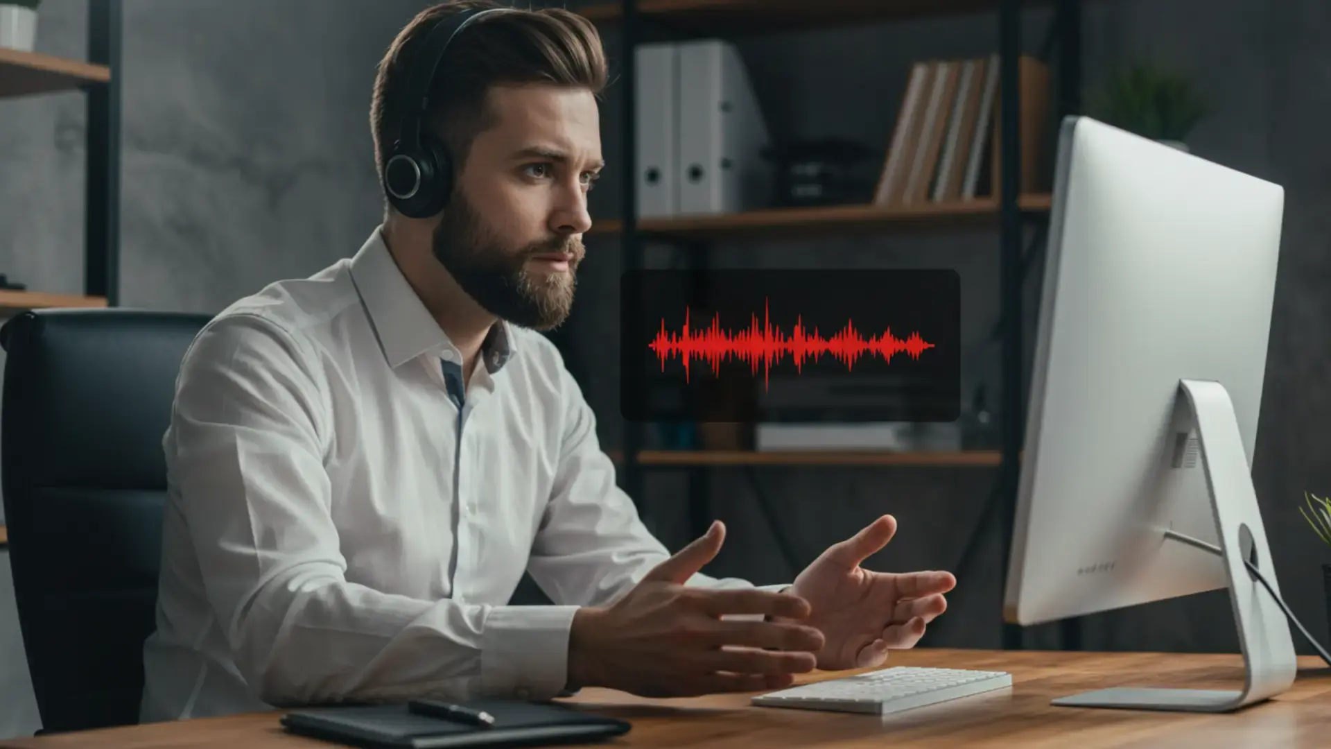 An agent with a headset on a call, with an audio waveform on screen