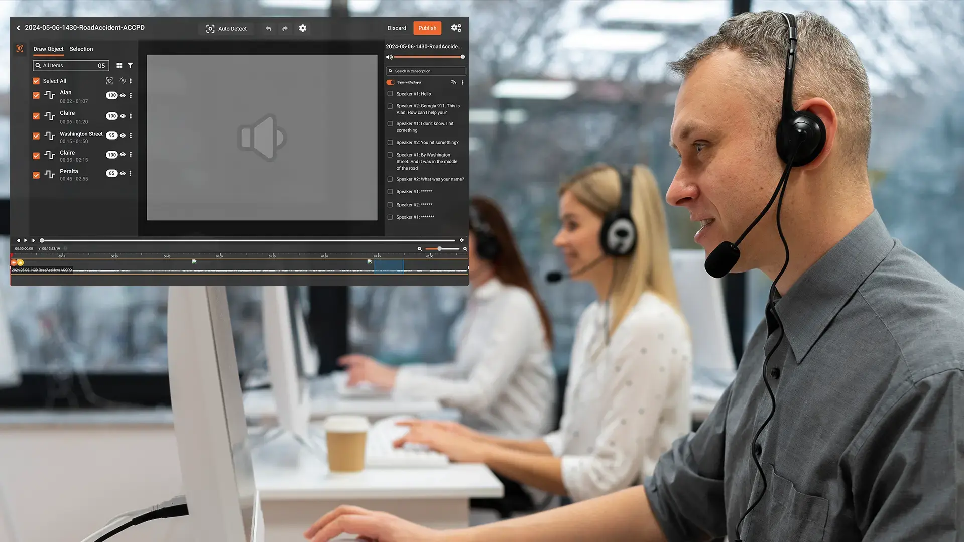Compliance analyst reviewing audio recordings with spoken PII highlighted for redaction.