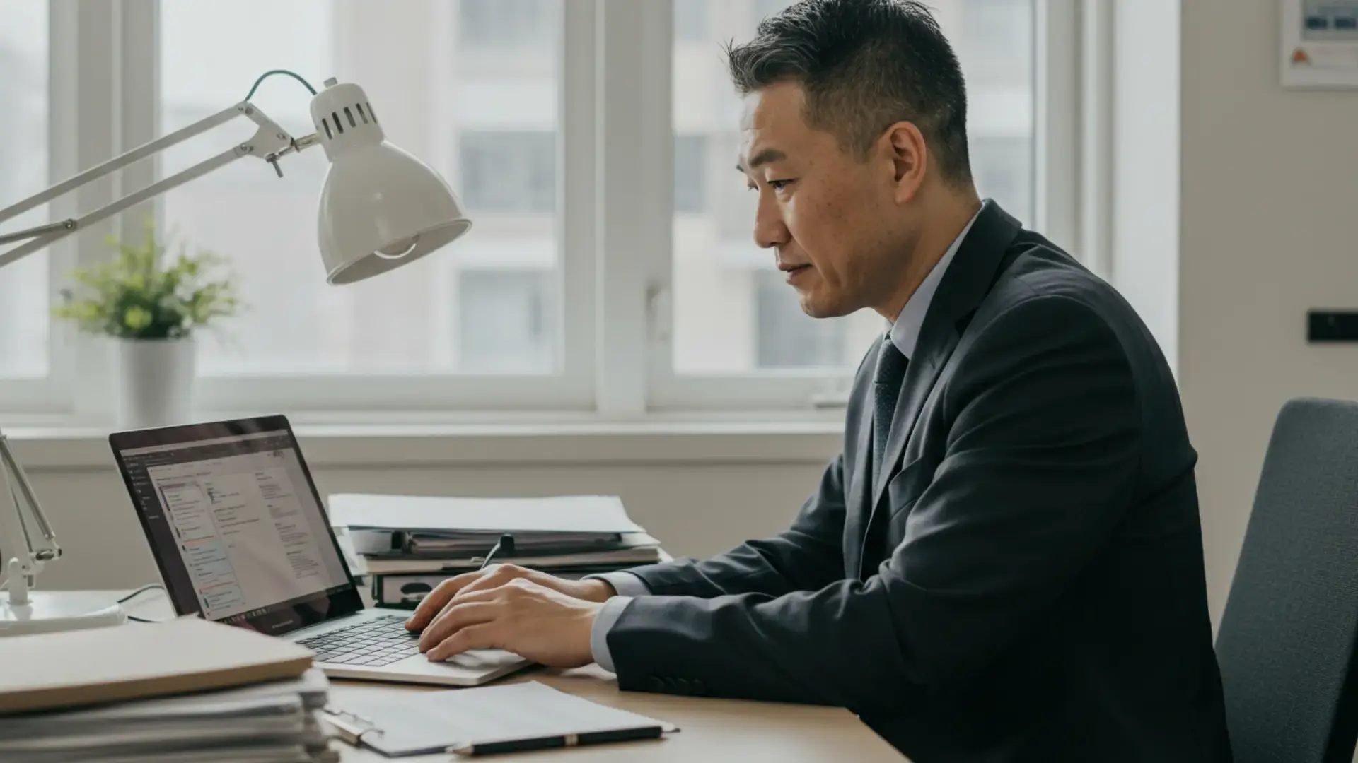 A professional reading through messages and papers at a desk