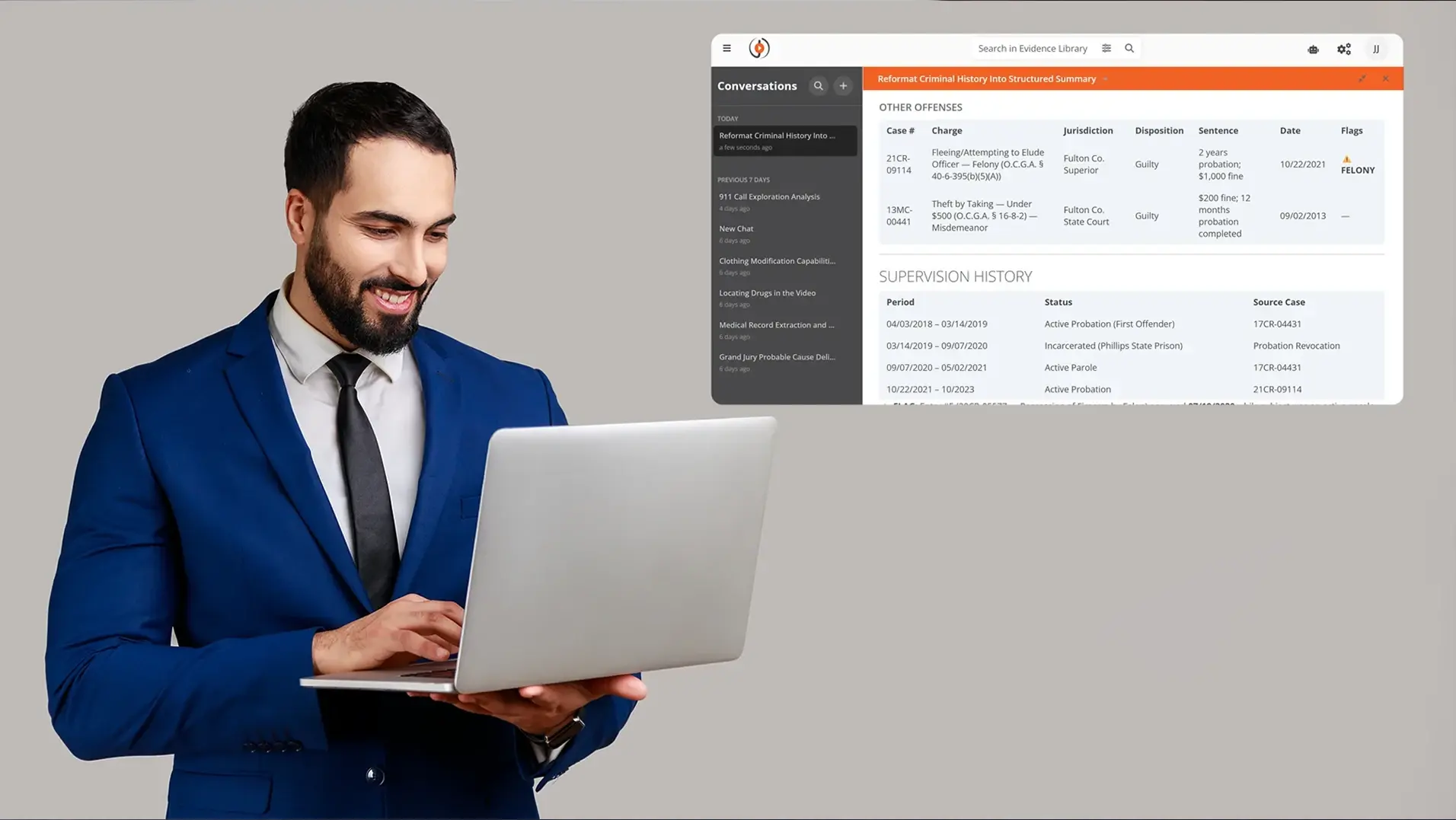 A professional with a laptop beside an approval history panel