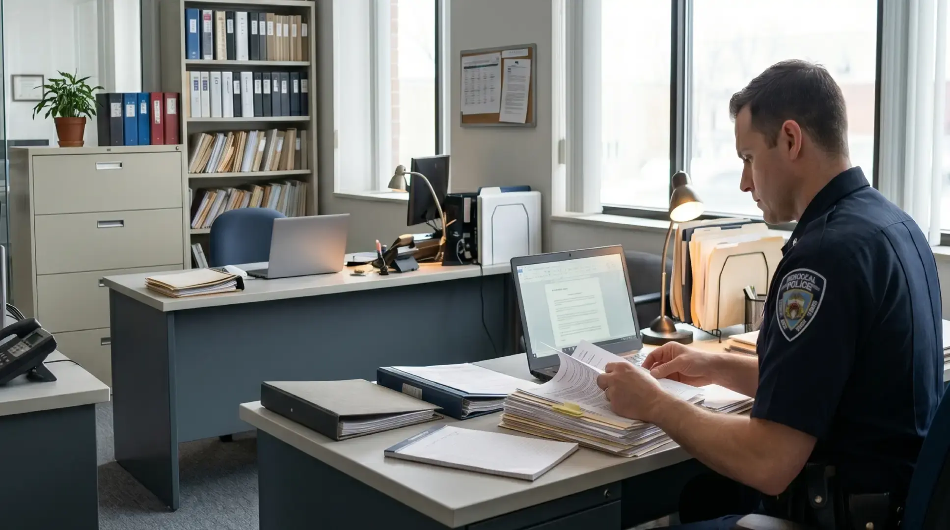 A uniformed officer sits at his desk reviewing a large stack of paperwork in a sunlit open-plan office with multiple workstations.