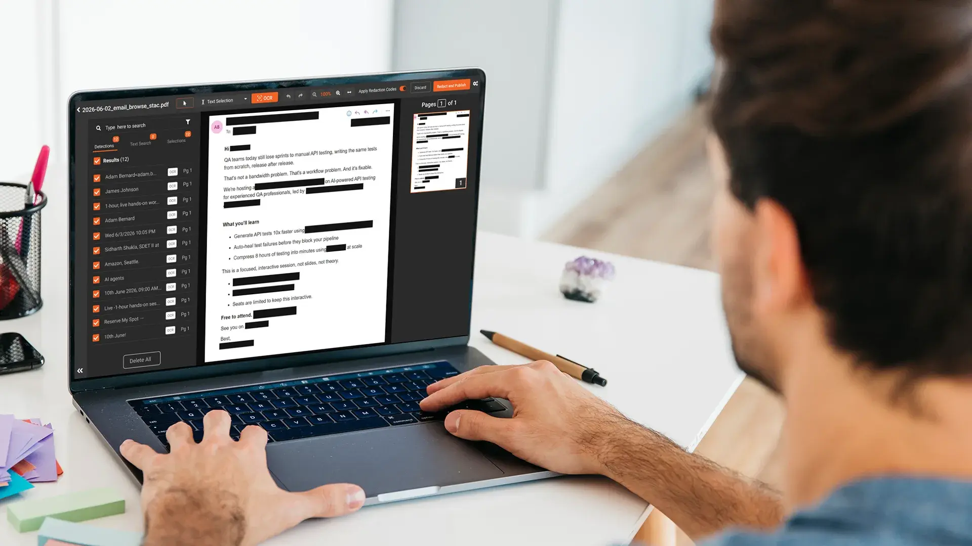 Person using VIDIZMO Redactor to redact PII from an email PDF, with 12 detected items listed in the review panel.