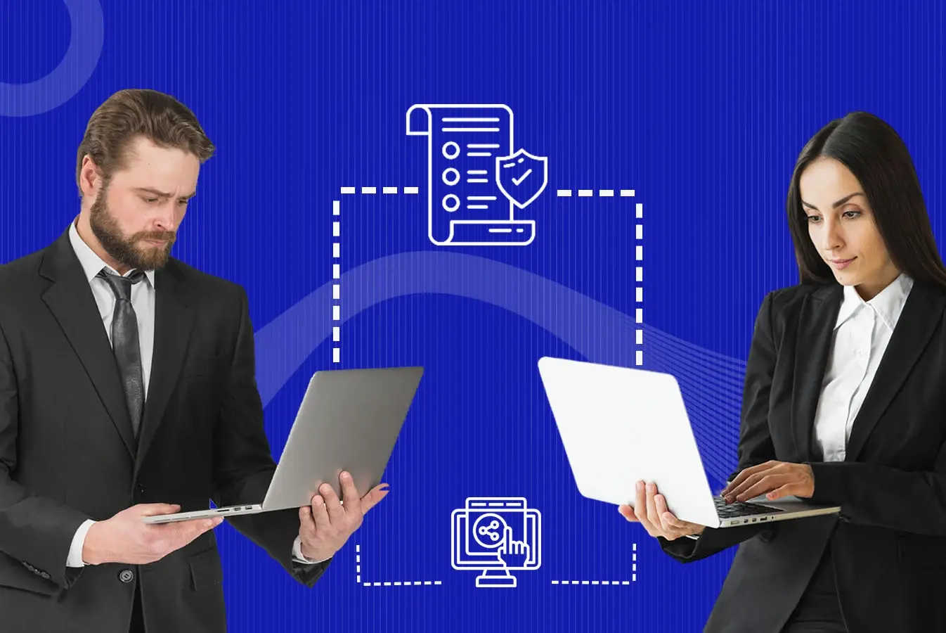 Two colleagues with laptops exchanging documents through a secure system
