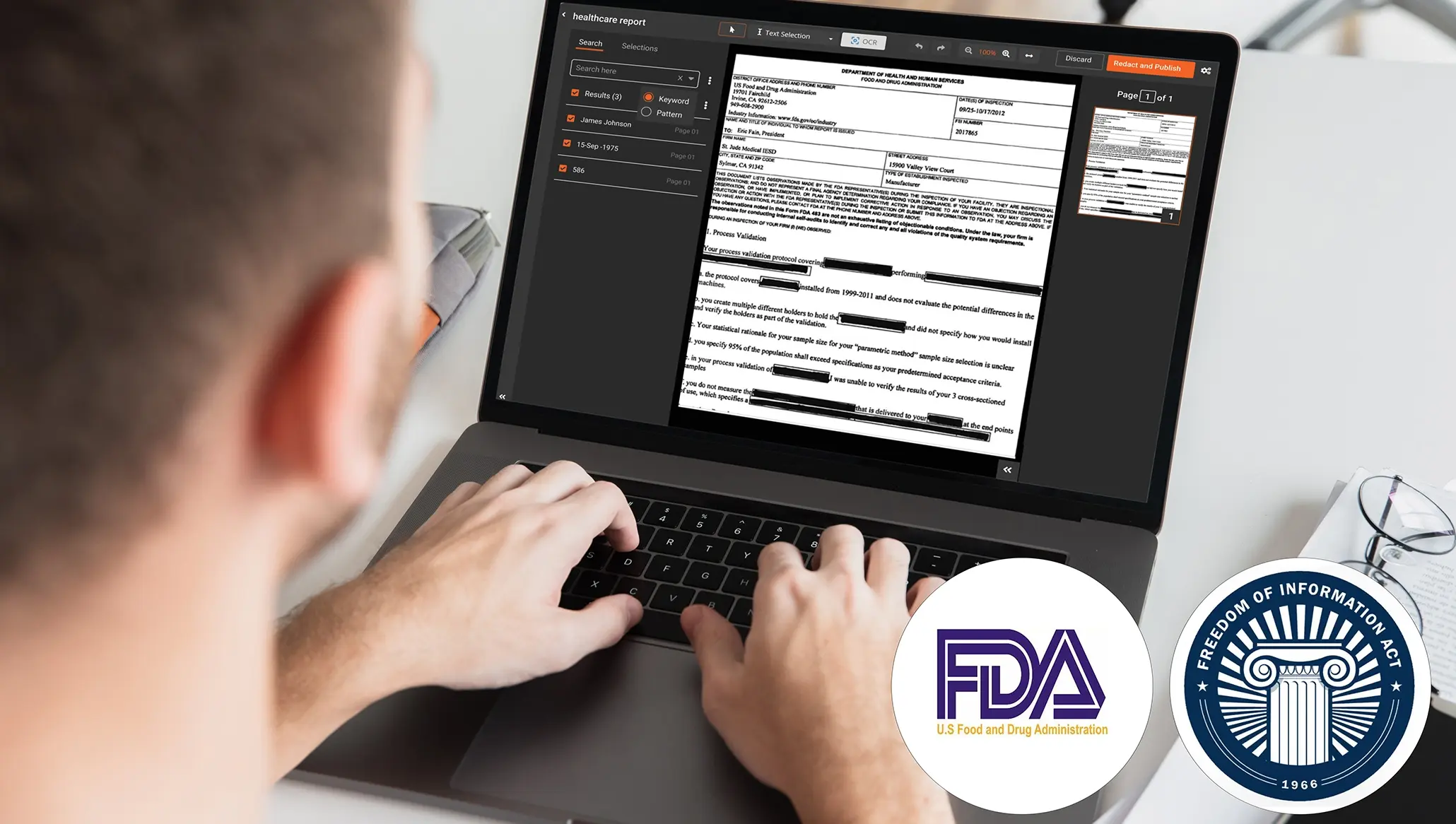 a man working on laptop where the screen depicts redacting FDA document on a FOIA redaction software