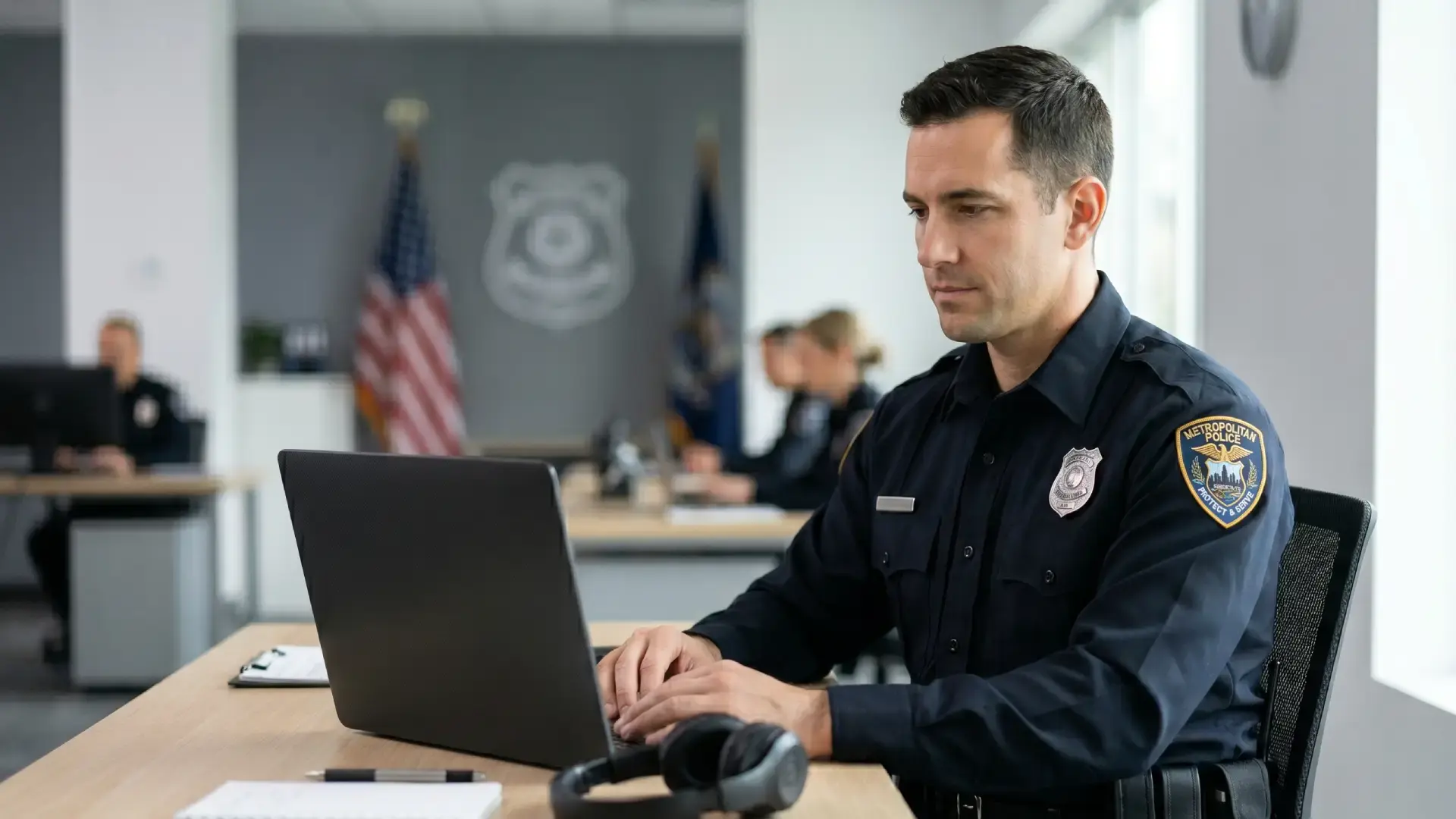 a police officer working on a laptop