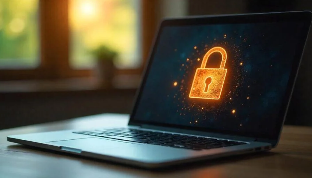 A laptop with a glowing digital lock symbol on the screen, representing cybersecurity and data protection.