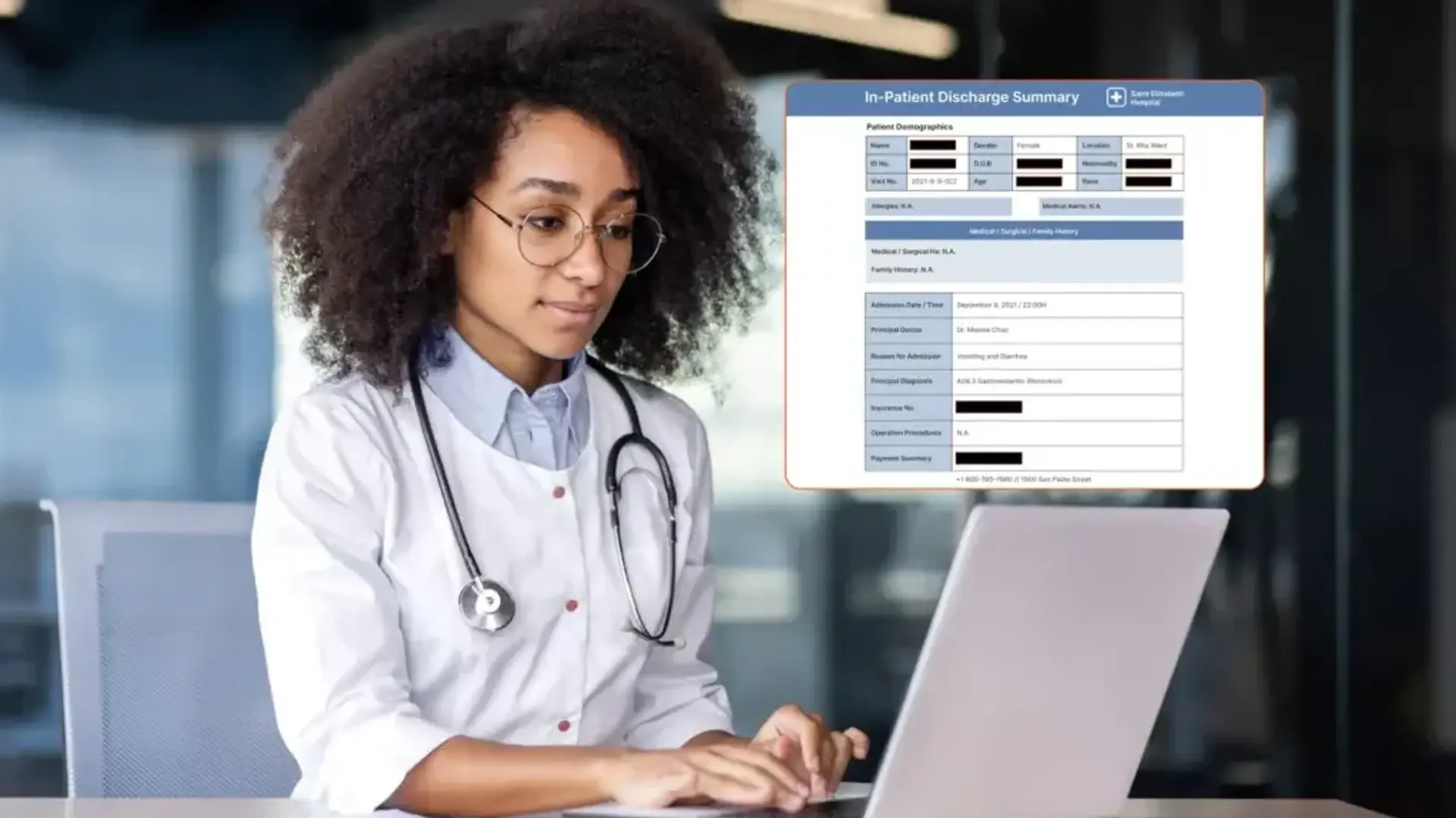 A doctor reading a redacted healthcare document.