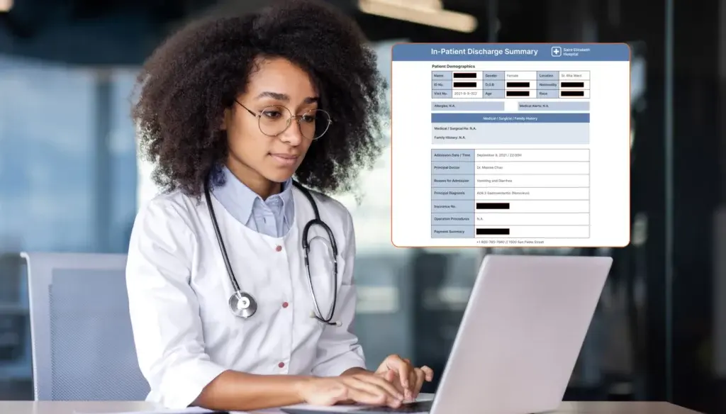 A doctor reading a redacted healthcare document.