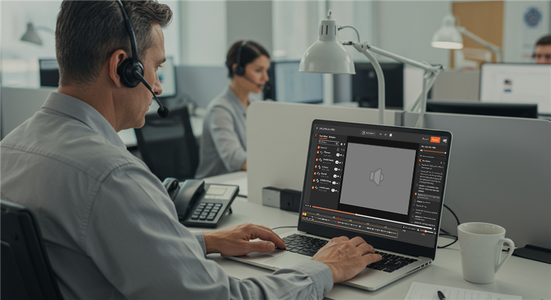 A call center agent using Audio Redaction Software on a laptop
