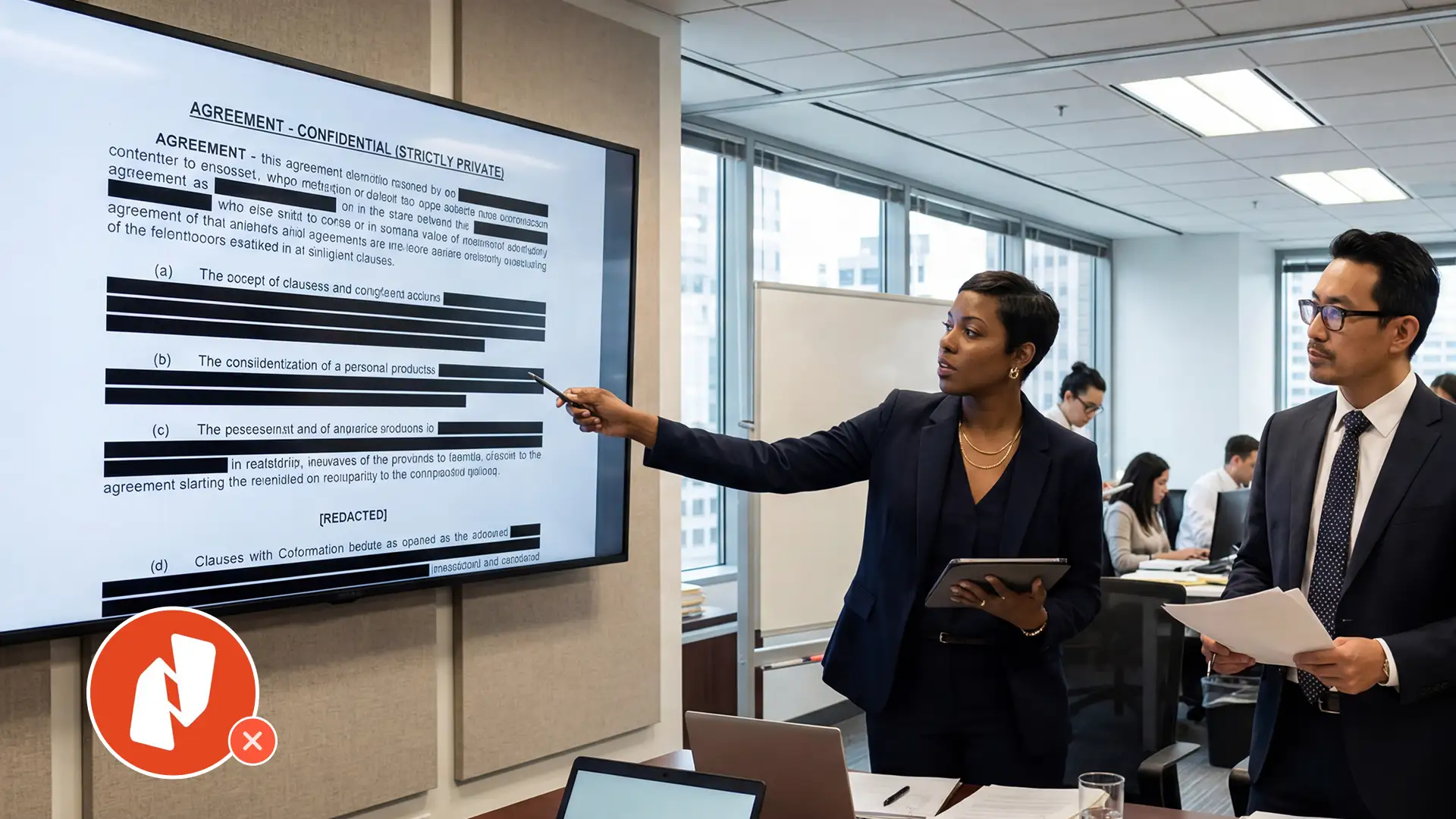Business professionals reviewing a heavily redacted confidential agreement on a large screen during an office meeting.