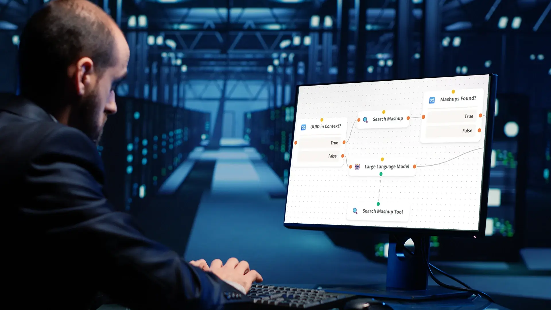 An engineer at a monitor showing a processing workflow, with server racks behind