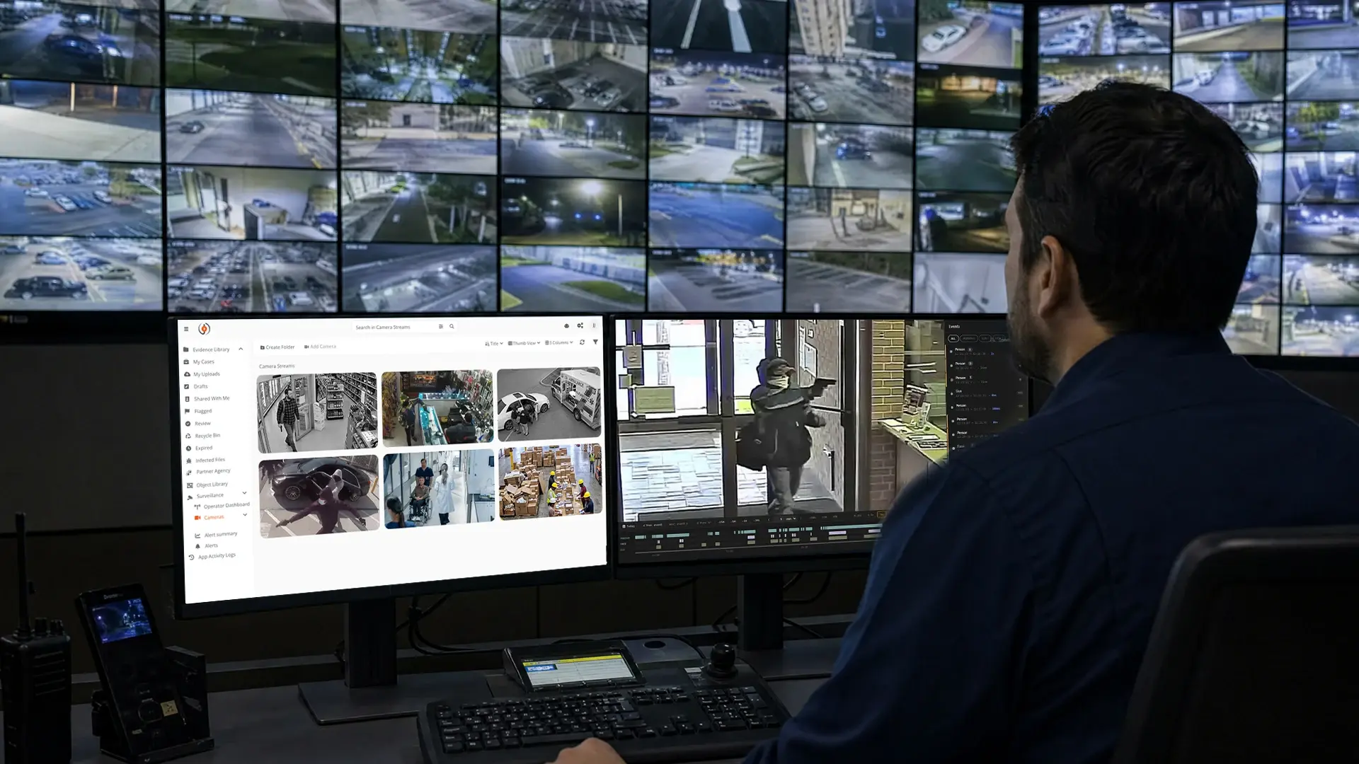 An operator facing a wall of camera feeds covering a city