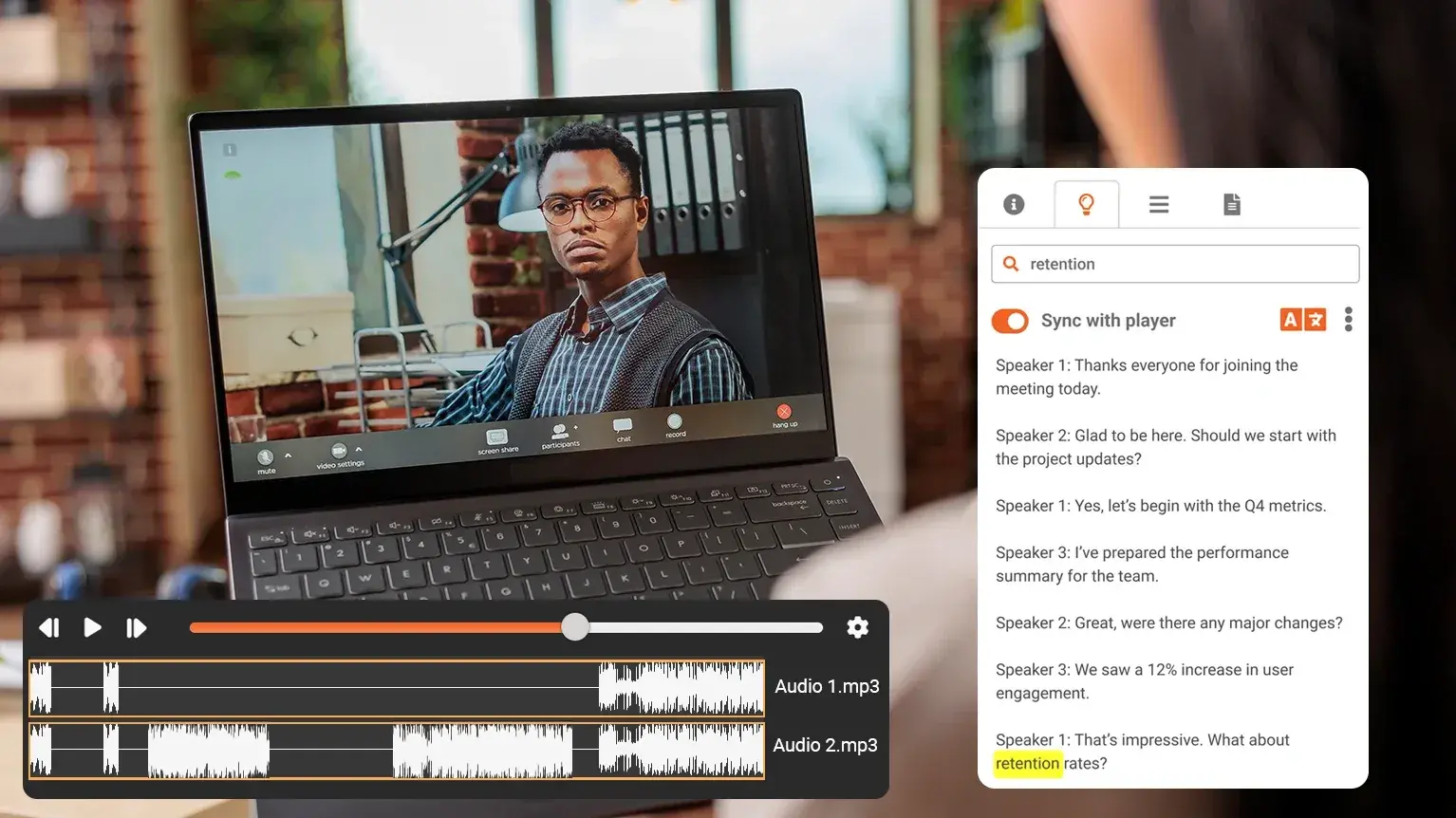 A recorded call on a laptop with its transcript and audio tracks beside it