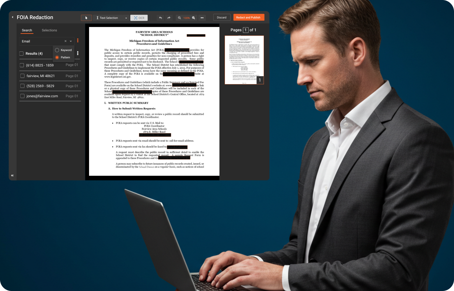 Public records staff reviewing FOIA documents and video using automated redaction software.