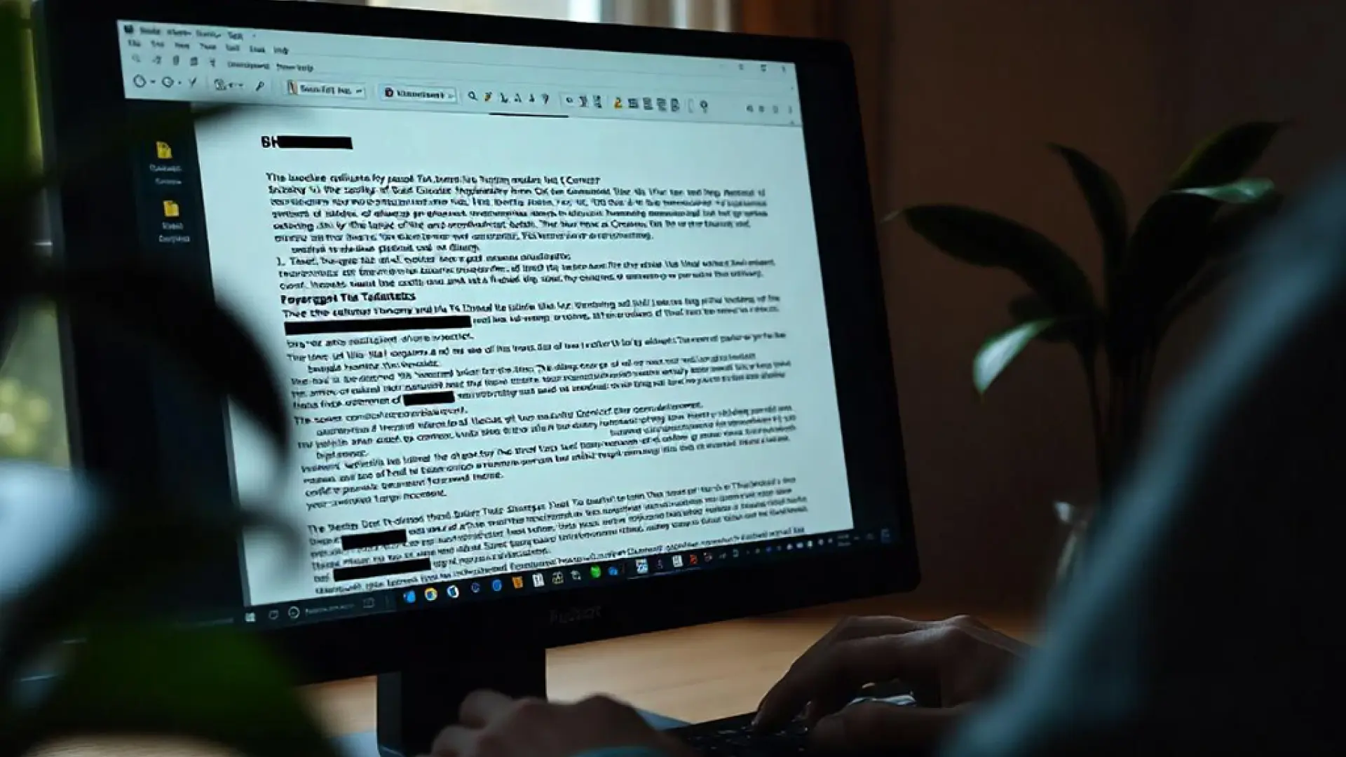 A desktop screen showing document redaction taking place