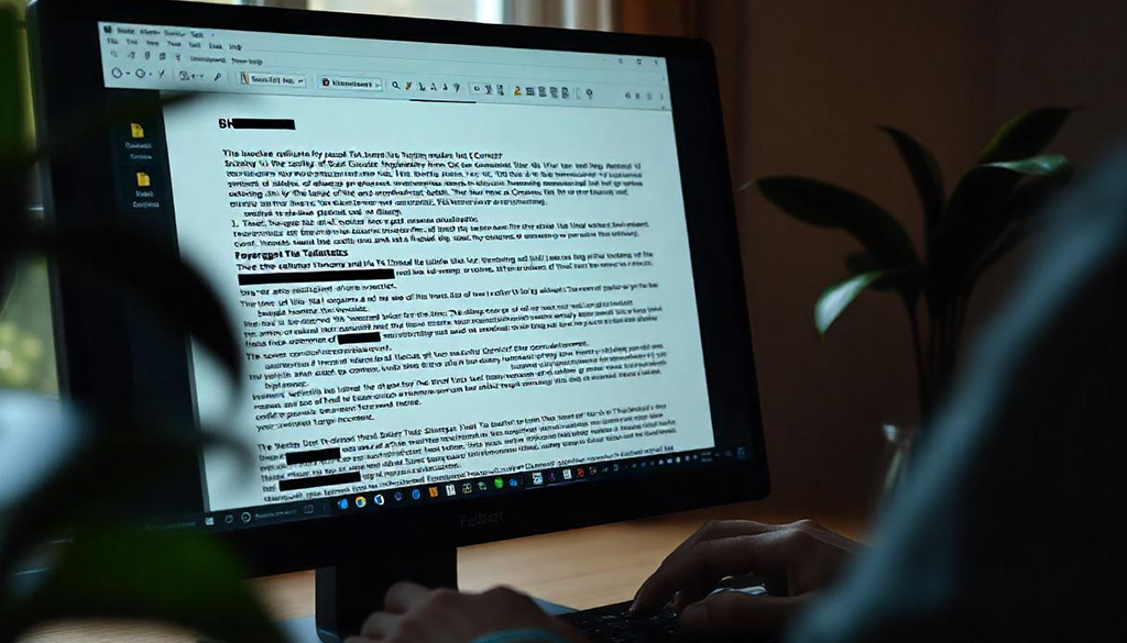 A desktop screen showing document redaction taking place