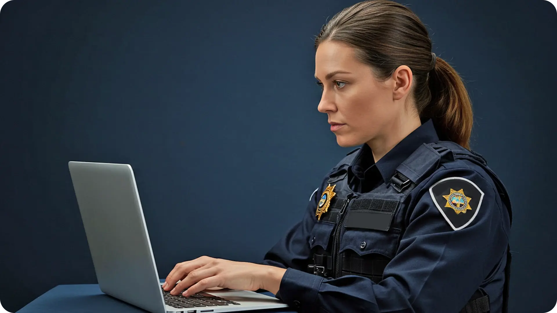 Police officer reviewing digital evidence on a laptop during an investigation.