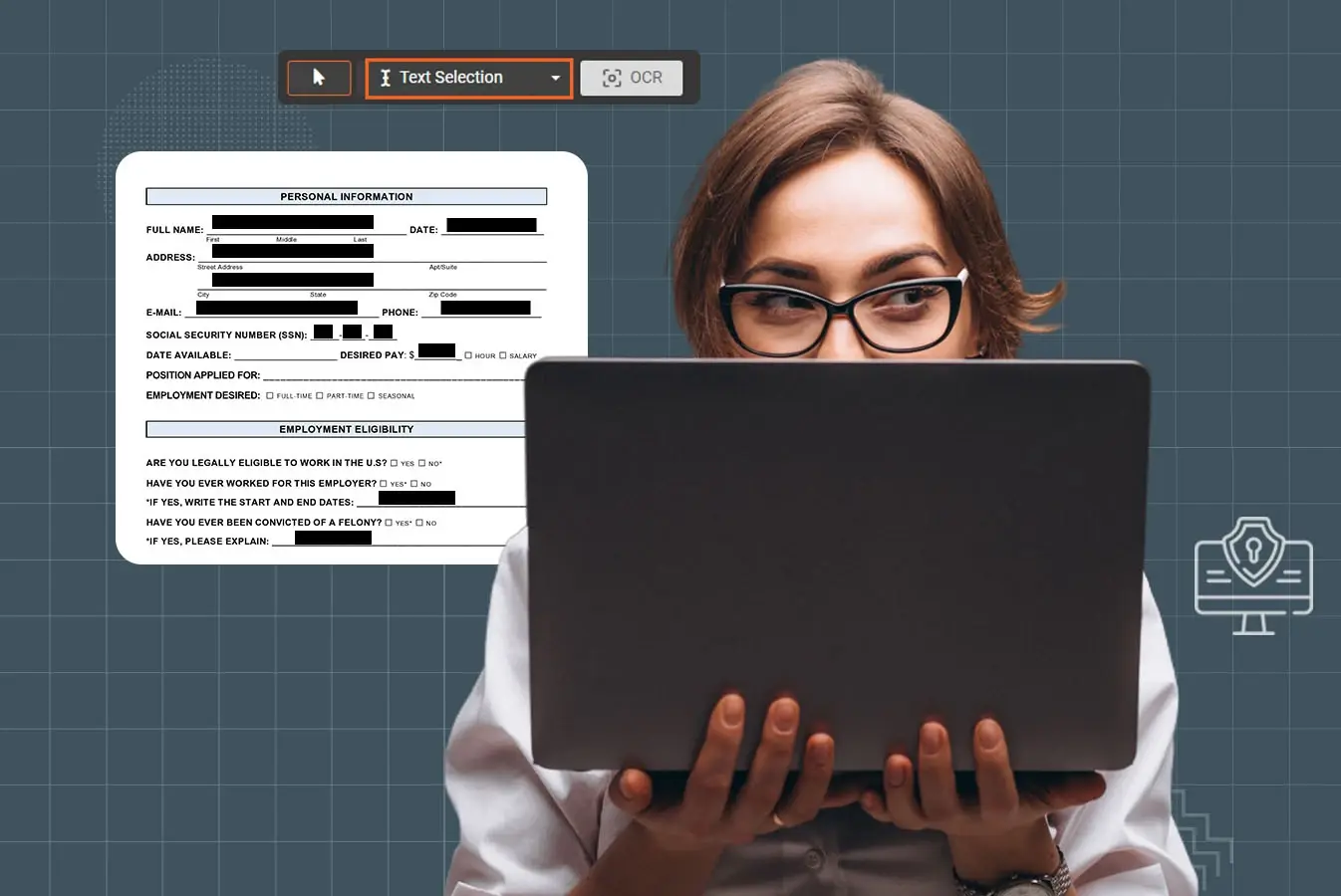 A person holding a laptop beside a form with personal details redacted