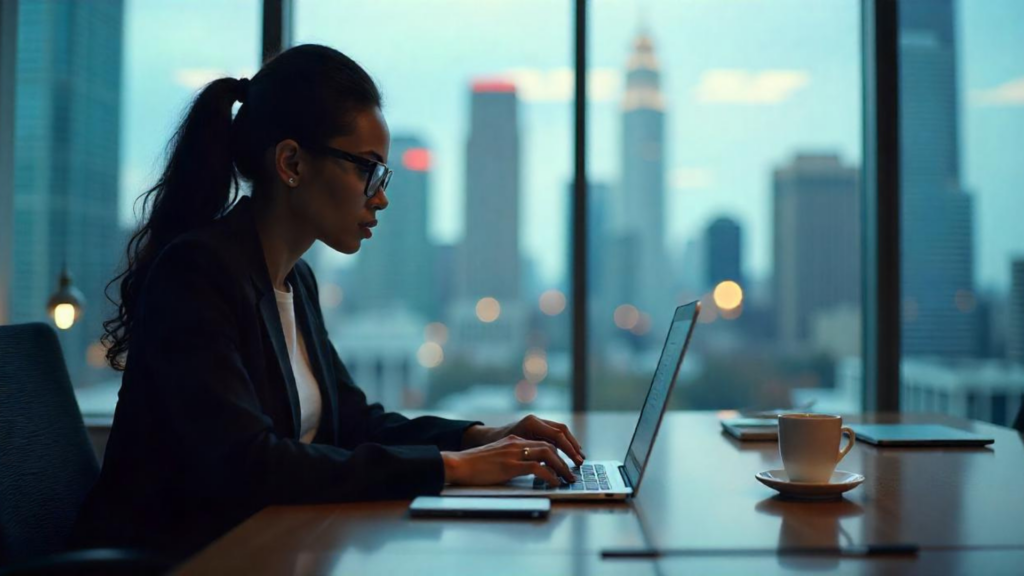 A female individual using laptop for AI Redaction in a room with glass walls