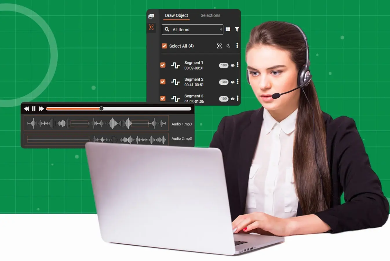 A call center agent with a headset and an audio redaction timeline on screen
