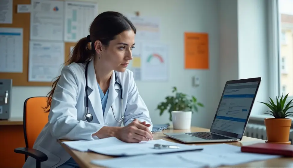 A healthcare provider with a laptop and paper based healthcare records.