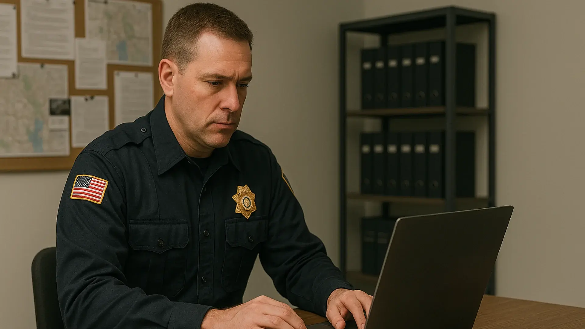 Law enforcement analyst using redaction software to review and redact body-cam video footage.