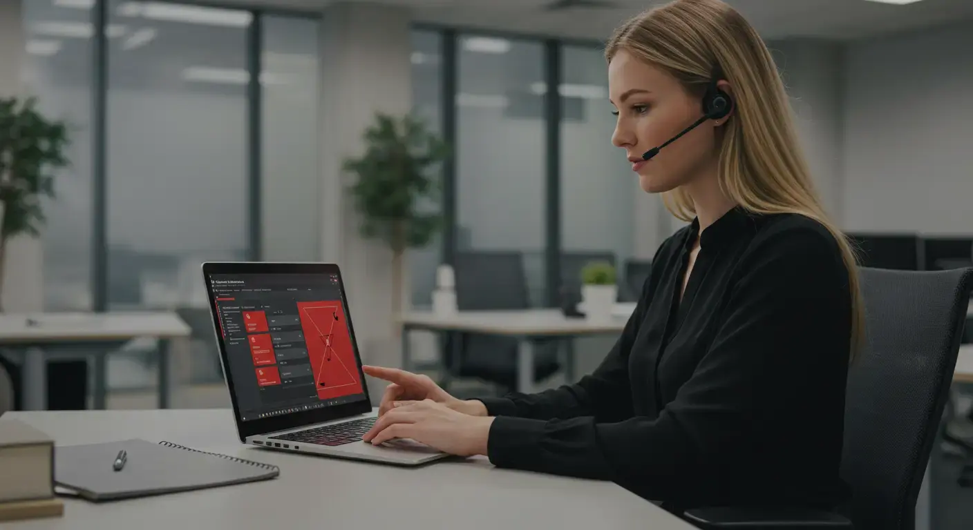 A contact center agent with a headset reviewing call recordings on a laptop