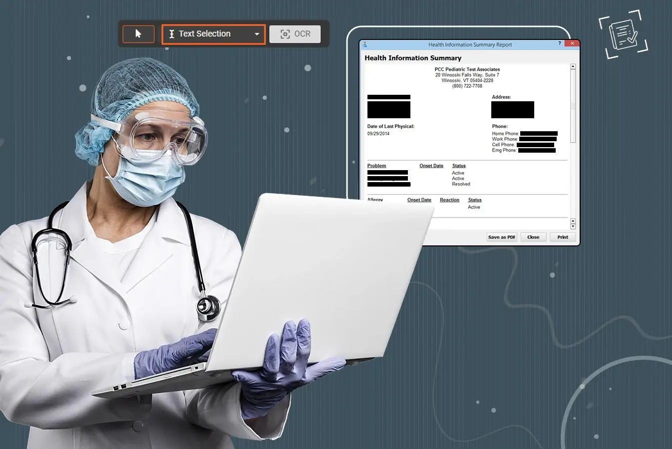 A clinician holding a laptop beside a health record with fields redacted