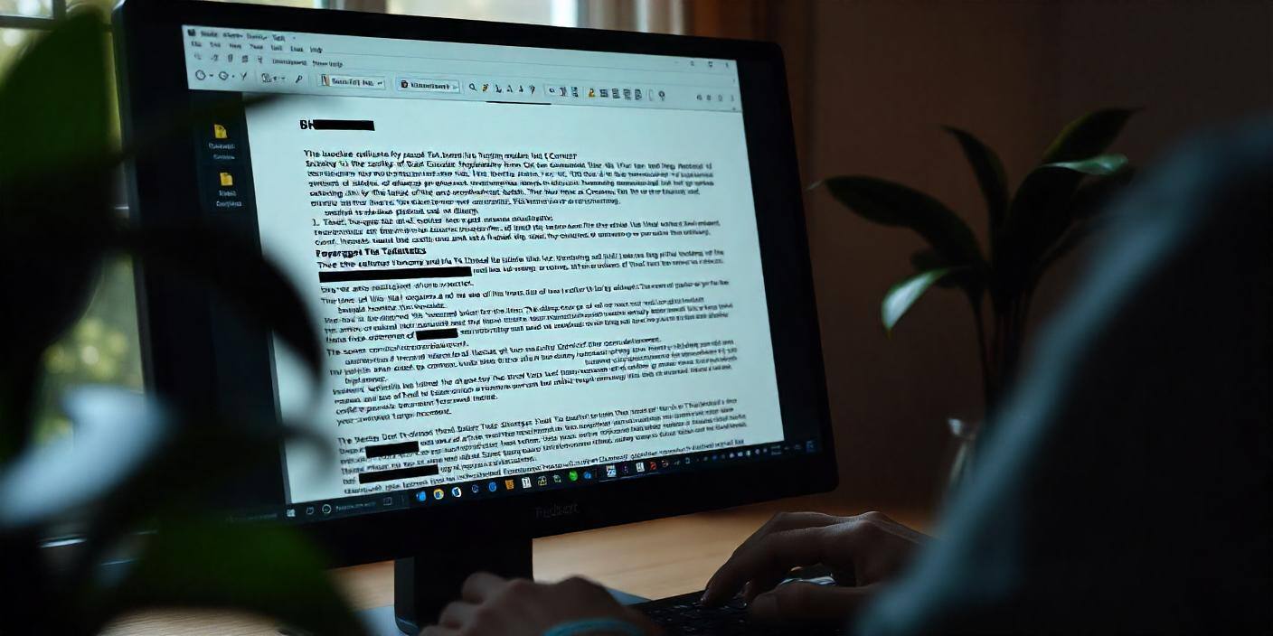 A desktop screen showing document redaction taking place