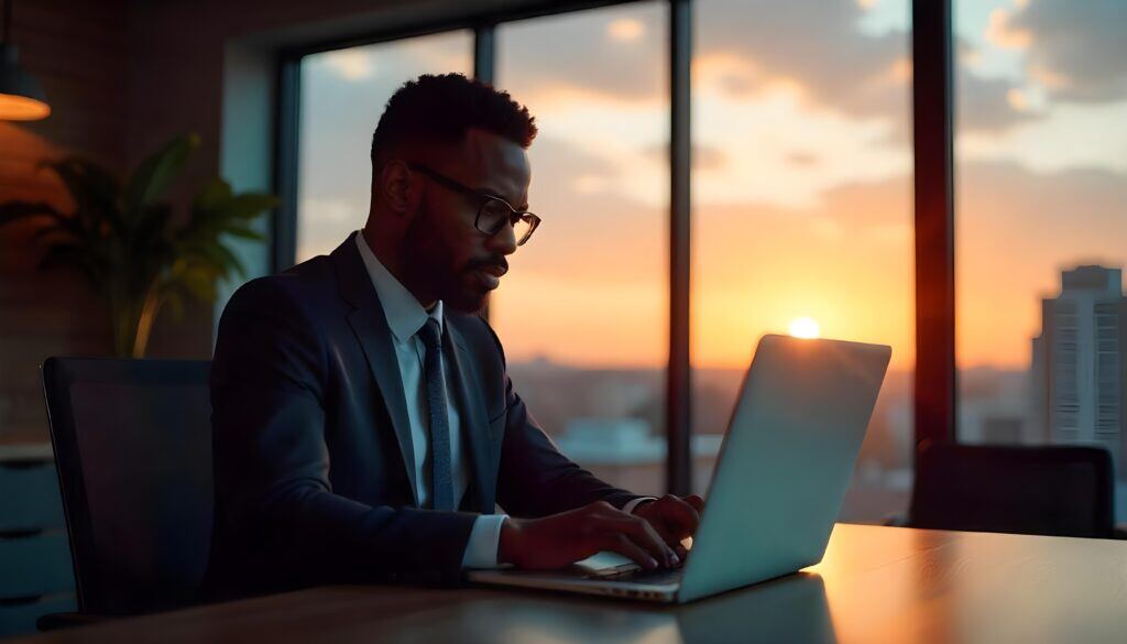 Businessman working on a laptop, focusing on VCDPA compliance in an office setting.