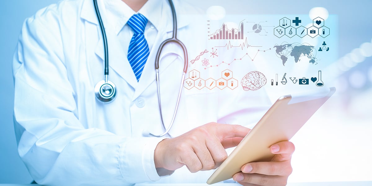A doctor using a tablet surrounded by medical data icons